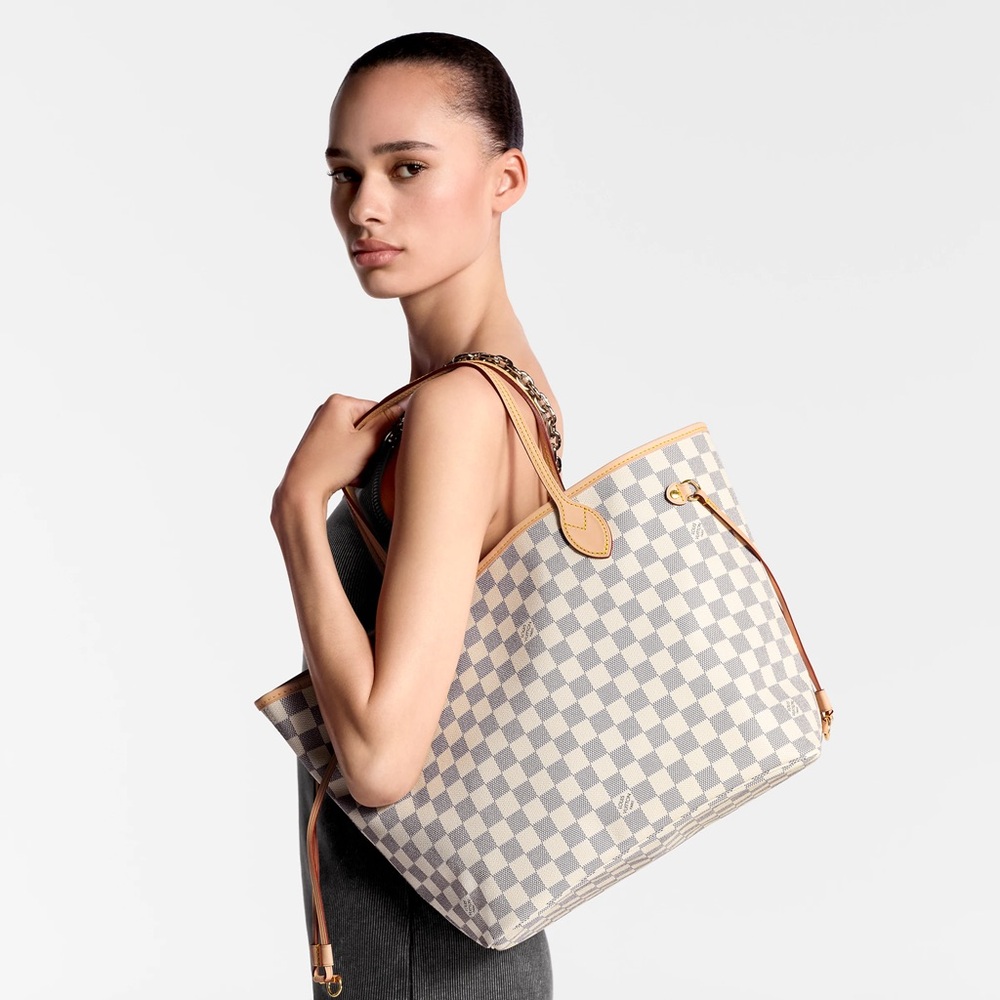 LOUIS VUITTON Damier Azur Neverfull MM | Rose Ballerine Interior